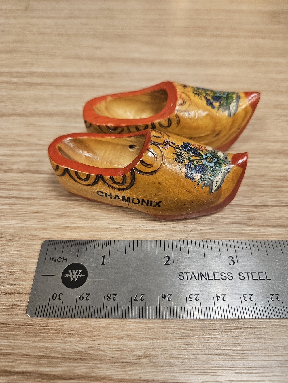 Vintage Chamonix Red Floral Wooden Clog Pair 3"